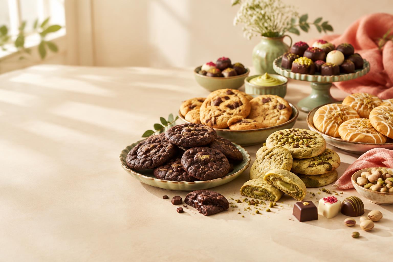 A colourful arrangement of cookies and chocolate treats